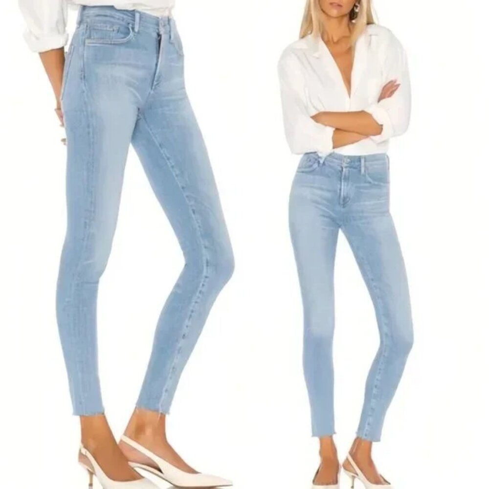 AGOLDE | Sophie High Rise Light Wash Frayed Raw Hem Skinny Ankle Jeans, Size 24